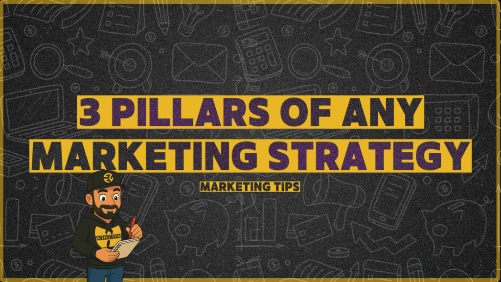 Illustration of the 3 pillars of any marketing strategy showing clear goals, consistent messaging, and constant measurement for business growth