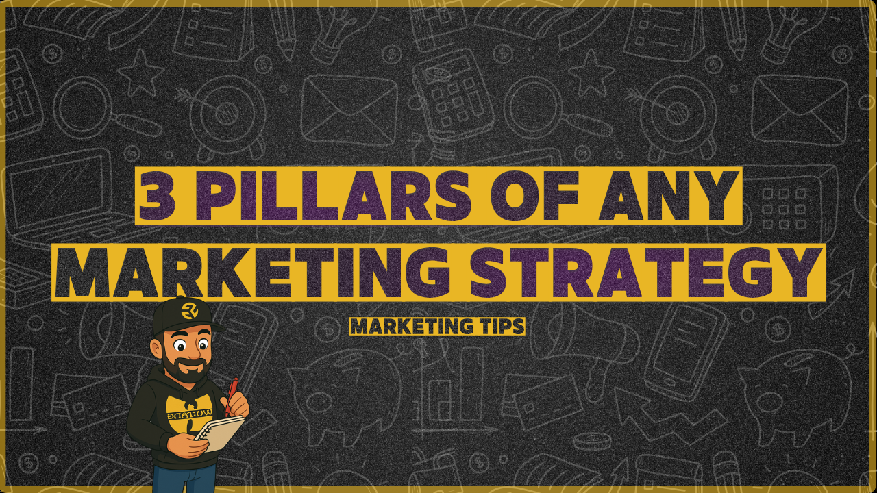 Illustration of the 3 pillars of any marketing strategy showing clear goals, consistent messaging, and constant measurement for business growth