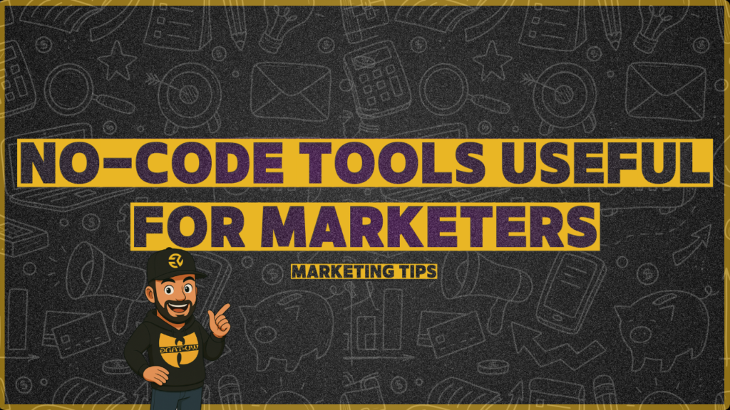 Illustration showing no-code tools useful for marketers including Webflow, Zapier, and Notion working together