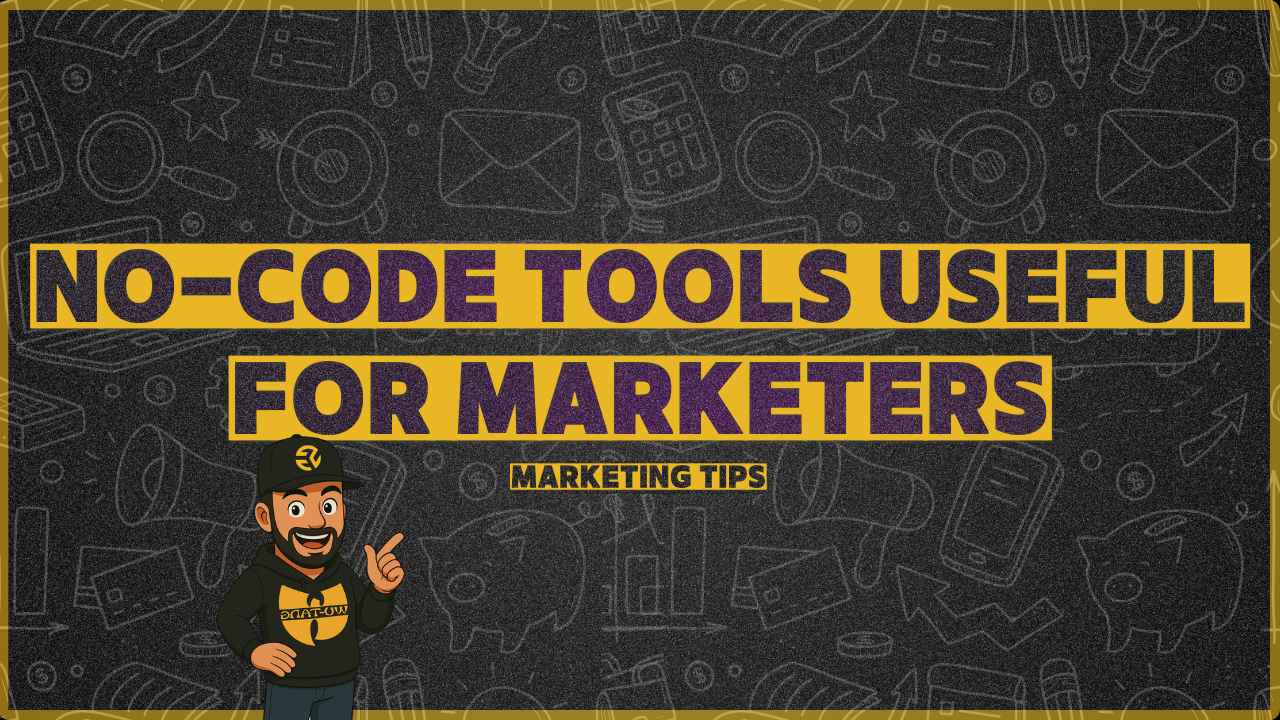 Illustration showing no-code tools useful for marketers including Webflow, Zapier, and Notion working together