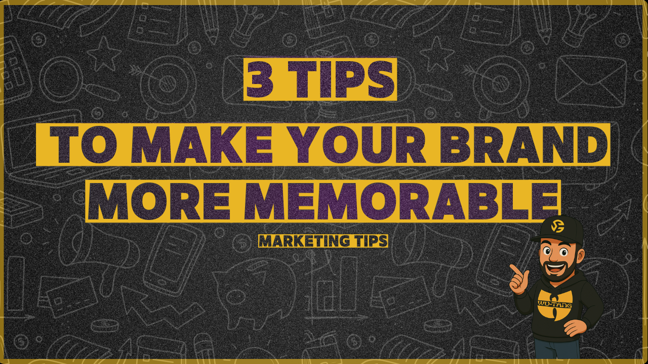 Illustration showing three tips to make your brand more memorable: signature elements, storytelling, and visual identity