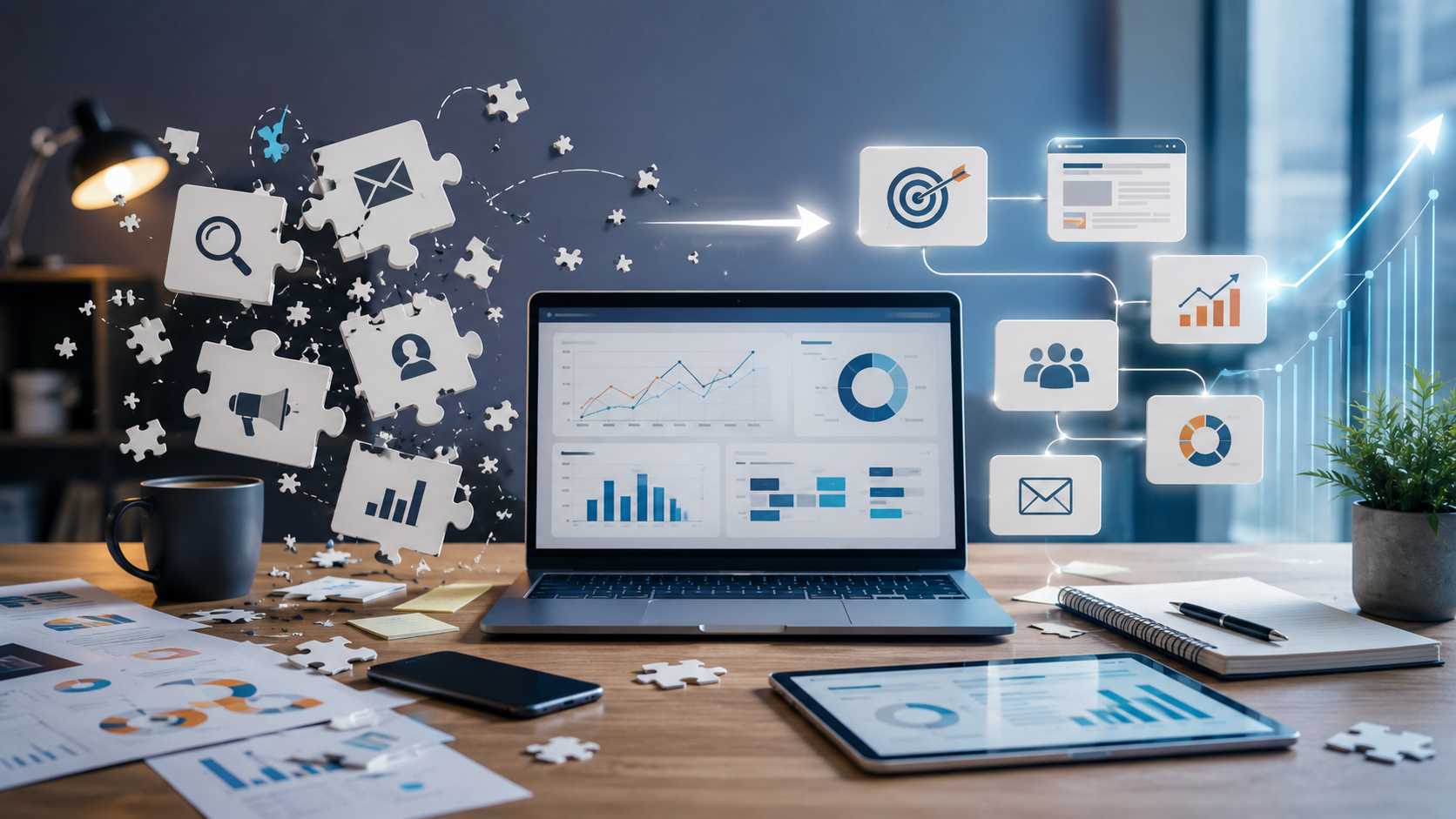 Small business marketing problems represented by disconnected digital marketing channels, analytics dashboards, and growth strategy elements
