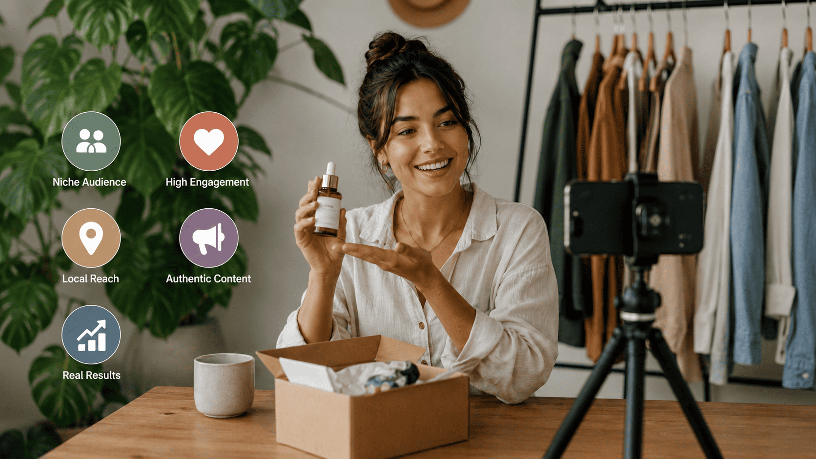 Micro-influencer marketing for small businesses with niche creator filming product content for a targeted audience