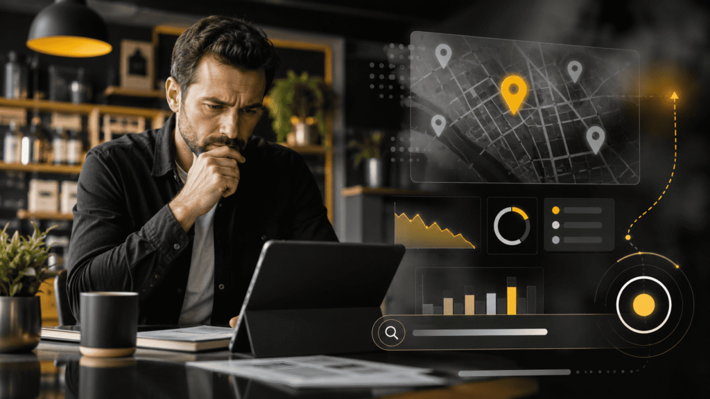 Small business owner checking why their business is not showing up on Google with local SEO and visibility dashboard