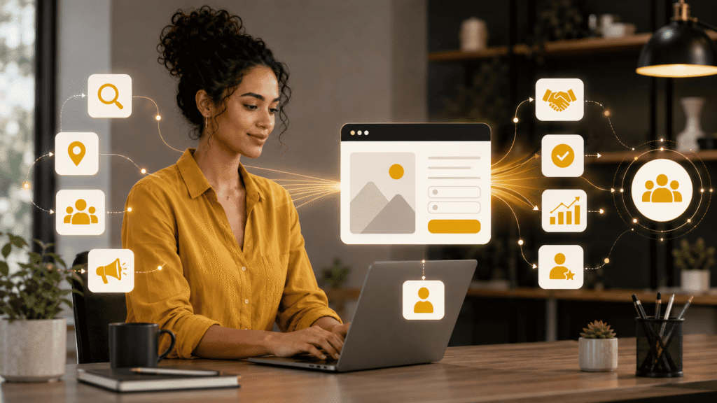 Marketing funnel for small business showing a connected customer journey from visibility to leads and conversions