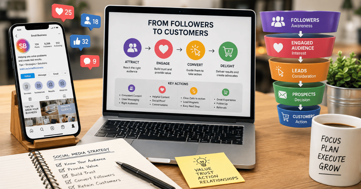 Turn social media followers into customers with a small business social media funnel from engagement to leads and sales
