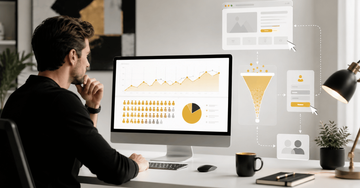 Small business owner reviewing website traffic but no leads with analytics and conversion data